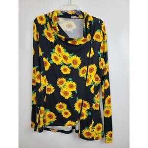 Blumin Apparel Womens Black Yellow Sunflower Print Knit Angled Zip Jacket Large